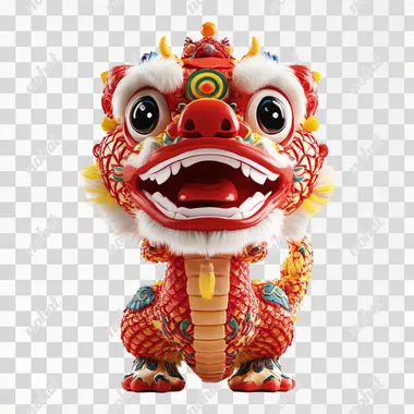 Cute snake with funny expression, sculpture, festive, Chinese red, wearing a lion head hat, white background