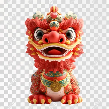 Cute snake with funny expression, sculpture, festive, Chinese red, wearing a lion head hat, white background