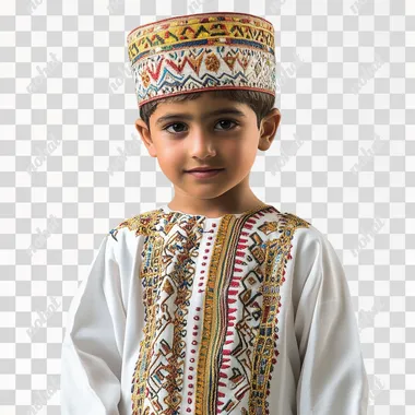 Imagine Omani boy 6 years old in The kuma is a traditional Omani hat, usually cylindrical in shape, without a brim. It is made of thick fabric and is adorned with intricate hand-embroidered patterns in vibrant colors such as white, gold, blue, or green. The embroidery typically consists of geometric designs or floral patterns that reflect Omani cultural heritage. The kuma fits snugly on the head, covering the hair and sitting just above the ears. The dishdasha is a long, ankle-length robe traditionally worn by Omani men. It is usually made of light-colored fabrics, with white being the most common choice. The dishdasha has a simple, elegant look, with long sleeves and a round neckline. A unique detail is the tassel or "furakha" at the front, which hangs from the neckline and is sometimes lightly scented with perfume. The fabric of the dishdasha is soft, with a subtle sheen, and the garment drapes naturally over the body, giving it a loose and comfortable fit.