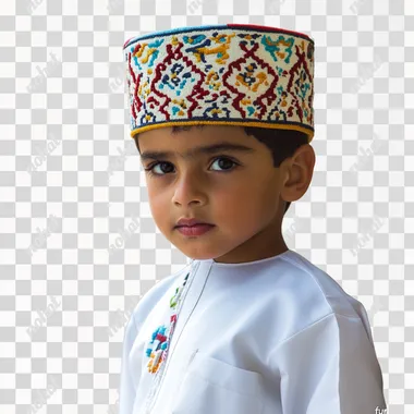 Imagine Omani boy 6 years old in The kuma is a traditional Omani hat, usually cylindrical in shape, without a brim. It is made of thick fabric and is adorned with intricate hand-embroidered patterns in vibrant colors such as white, gold, blue, or green. The embroidery typically consists of geometric designs or floral patterns that reflect Omani cultural heritage. The kuma fits snugly on the head, covering the hair and sitting just above the ears. The dishdasha is a long, ankle-length robe traditionally worn by Omani men. It is usually made of light-colored fabrics, with white being the most common choice. The dishdasha has a simple, elegant look, with long sleeves and a round neckline. A unique detail is the tassel or "furakha" at the front, which hangs from the neckline and is sometimes lightly scented with perfume. The fabric of the dishdasha is soft, with a subtle sheen, and the garment drapes naturally over the body, giving it a loose and comfortable fit.