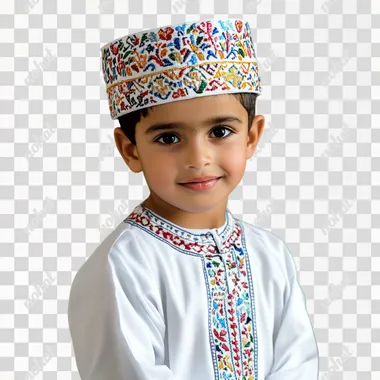 Imagine Omani boy 6 years old in The kuma is a traditional Omani hat, usually cylindrical in shape, without a brim. It is made of thick fabric and is adorned with intricate hand-embroidered patterns in vibrant colors such as white, gold, blue, or green. The embroidery typically consists of geometric designs or floral patterns that reflect Omani cultural heritage. The kuma fits snugly on the head, covering the hair and sitting just above the ears. The dishdasha is a long, ankle-length robe traditionally worn by Omani men. It is usually made of light-colored fabrics, with white being the most common choice. The dishdasha has a simple, elegant look, with long sleeves and a round neckline. A unique detail is the tassel or "furakha" at the front, which hangs from the neckline and is sometimes lightly scented with perfume. The fabric of the dishdasha is soft, with a subtle sheen, and the garment drapes naturally over the body, giving it a loose and comfortable fit.