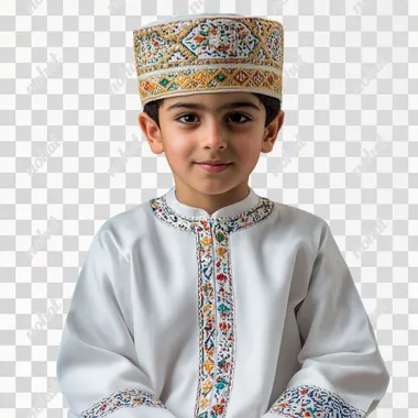 Imagine Omani boy 6 years old in The kuma is a traditional Omani hat, usually cylindrical in shape, without a brim. It is made of thick fabric and is adorned with intricate hand-embroidered patterns in vibrant colors such as white, gold, blue, or green. The embroidery typically consists of geometric designs or floral patterns that reflect Omani cultural heritage. The kuma fits snugly on the head, covering the hair and sitting just above the ears. The dishdasha is a long, ankle-length robe traditionally worn by Omani men. It is usually made of light-colored fabrics, with white being the most common choice. The dishdasha has a simple, elegant look, with long sleeves and a round neckline. A unique detail is the tassel or "furakha" at the front, which hangs from the neckline and is sometimes lightly scented with perfume. The fabric of the dishdasha is soft, with a subtle sheen, and the garment drapes naturally over the body, giving it a loose and comfortable fit.