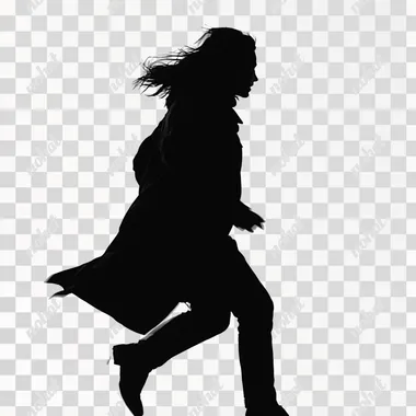 photo of a fleeing 50 years old woman, she wears coat, side view, silhouette, solid white background, thriller vibe