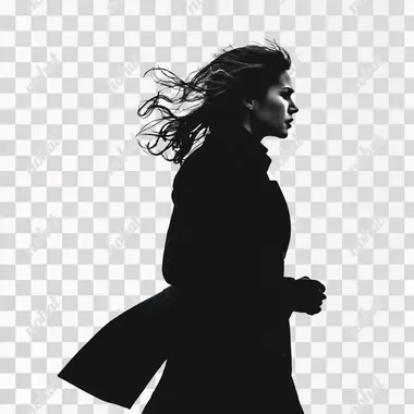 photo of a fleeing 50 years old woman, she wears coat, side view, silhouette, solid white background, thriller vibe