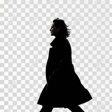 photo of a fleeing 50 years old woman, she wears coat, side view, silhouette, solid white background, thriller vibe