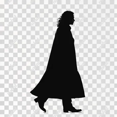 photo of a fleeing 50 years old woman, she wears coat, side view, silhouette, solid white background, thriller vibe