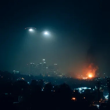 Ufos attacking LA, SMOKE, FIRE, NIGHT