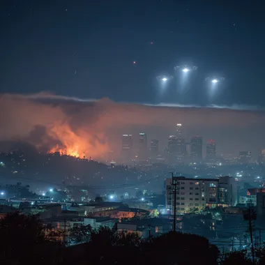 Ufos attacking LA, SMOKE, FIRE, NIGHT