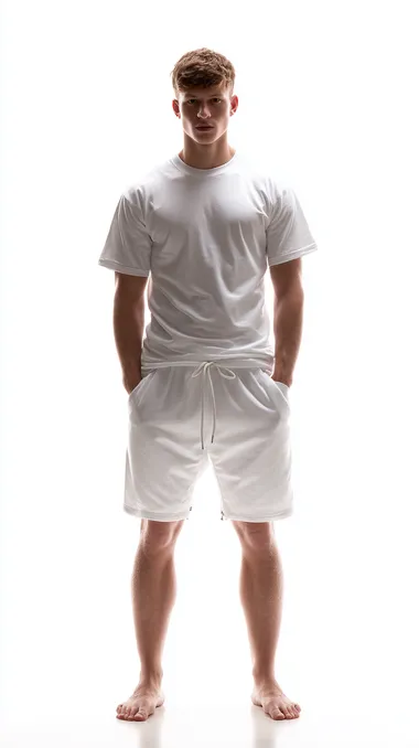 Frontal shot of a barefoot male model, wearing a tracksuit consisting of a white short sleeved t-shirt and shorts that reach above the knee and are lace up, simple white background, clean studio lighting, fashion product showcase style.