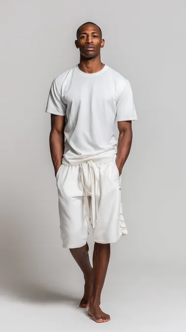 Frontal shot of a barefoot male model, wearing a tracksuit consisting of a white short sleeved t-shirt and shorts that reach above the knee and are lace up, simple white background, clean studio lighting, fashion product showcase style.