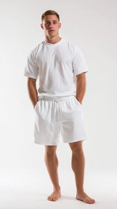 Frontal shot of a barefoot male model, wearing a tracksuit consisting of a white short sleeved t-shirt and shorts that reach above the knee and are lace up, simple white background, clean studio lighting, fashion product showcase style.
