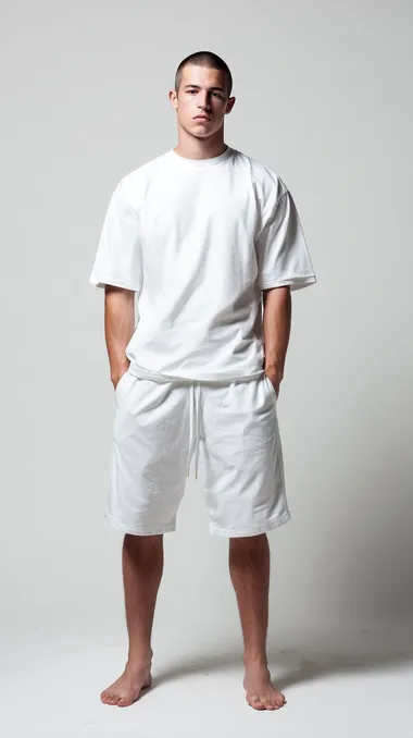 Frontal shot of a barefoot male model, wearing a tracksuit consisting of a white short sleeved t-shirt and shorts that reach above the knee and are lace up, simple white background, clean studio lighting, fashion product showcase style.