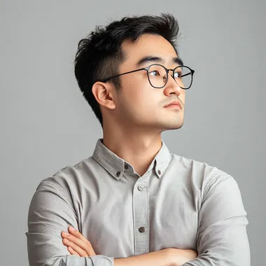 an asian male with glasses he is facing to the side and has his arms crossed, he is wearing a long sleeved button down shirt, he has a determined look on his face