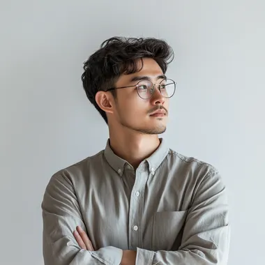 an asian male with glasses he is facing to the side and has his arms crossed, he is wearing a long sleeved button down shirt, he has a determined look on his face