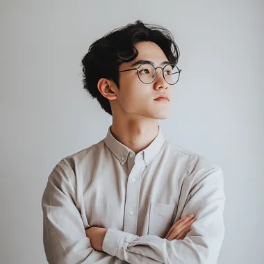 an asian male with glasses he is facing to the side and has his arms crossed, he is wearing a long sleeved button down shirt, he has a determined look on his face