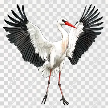 Drawn stork on a white background with spread wings