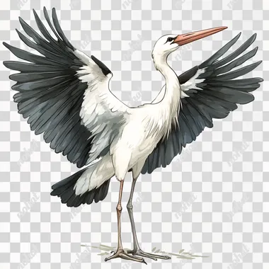 Drawn stork on a white background with spread wings