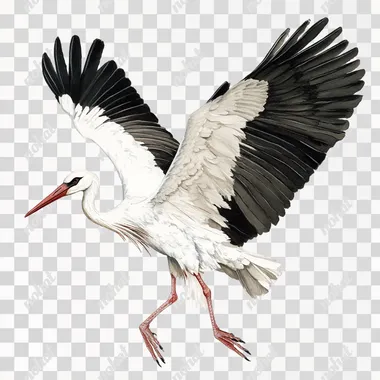 Drawn stork on a white background with spread wings