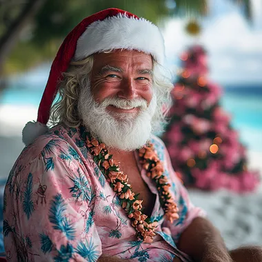 Santa Clause on a island in the maldives, with an open hawaian shirt on, smiling, a full body shot, on the beach. with a pink designed christmas tree in the back --s 750