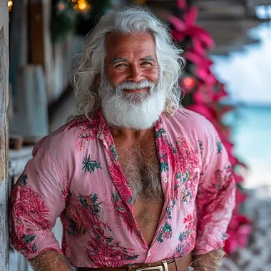 Santa Clause on a island in the maldives, with an open hawaian shirt on, smiling, a full body shot, on the beach. with a pink designed christmas tree in the back --s 750