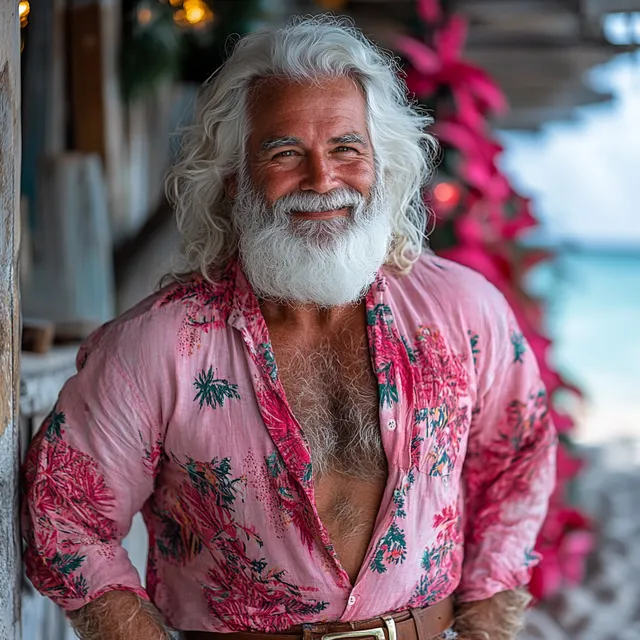 Santa Claus in Pink Shirt Smiling on Maldives Beach with Christmas Tree