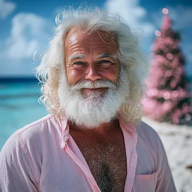 Santa Clause on a island in the maldives, with an open hawaian shirt on, smiling, a full body shot, on the beach. with a pink designed christmas tree in the back --s 750