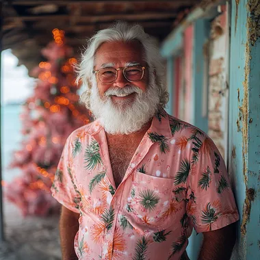 Santa Clause on a island in the maldives, with an open hawaian shirt on, smiling, a full body shot, on the beach. with a pink designed christmas tree in the back --s 750