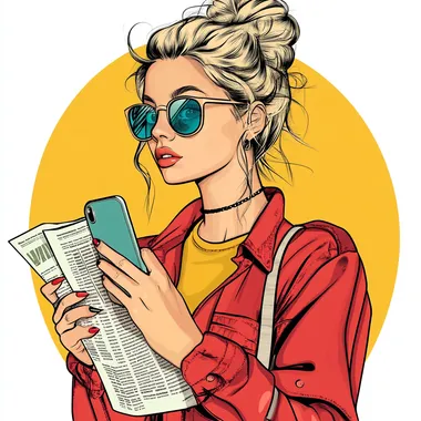 pop-art flat vector illustration of a professional holding a smartphone in one hand and holding a newspaper with her other hand. isolated white background. contrasting colors. Andy Warhol aesthetic. --s 250