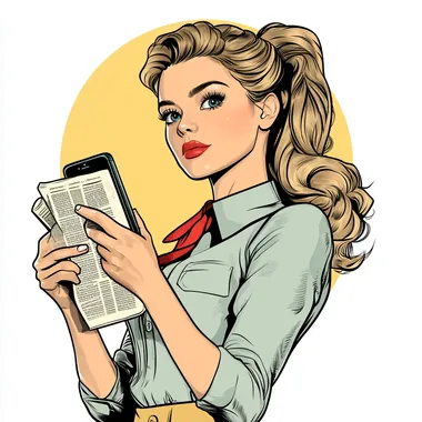 pop-art flat vector illustration of a professional holding a smartphone in one hand and holding a newspaper with her other hand. isolated white background. contrasting colors. Andy Warhol aesthetic. --s 250