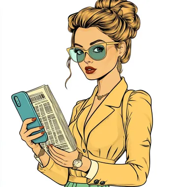 pop-art flat vector illustration of a professional holding a smartphone in one hand and holding a newspaper with her other hand. isolated white background. contrasting colors. Andy Warhol aesthetic. --s 250
