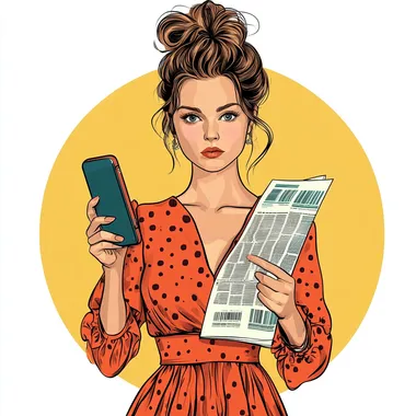 pop-art flat vector illustration of a professional holding a smartphone in one hand and holding a newspaper with her other hand. isolated white background. contrasting colors. Andy Warhol aesthetic. --s 250