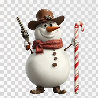 pixar snowman holding a revolver gun in one hand and a cigar in its mouth , a candy cane next to him as tall as him, vector, 8k, white background