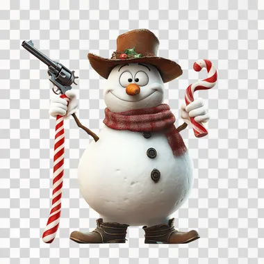 pixar snowman holding a revolver gun in one hand and a cigar in its mouth , a candy cane next to him as tall as him, vector, 8k, white background