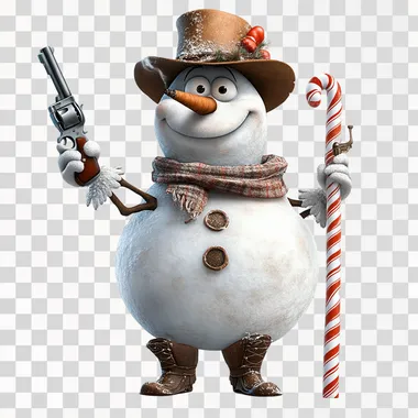 pixar snowman holding a revolver gun in one hand and a cigar in its mouth , a candy cane next to him as tall as him, vector, 8k, white background