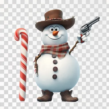 pixar snowman holding a revolver gun in one hand and a cigar in its mouth , a candy cane next to him as tall as him, vector, 8k, white background