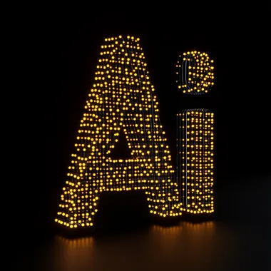 frontal 3d render of an "Ai" symbol, made from light dots, looks like an icon, yellow letters on a black background