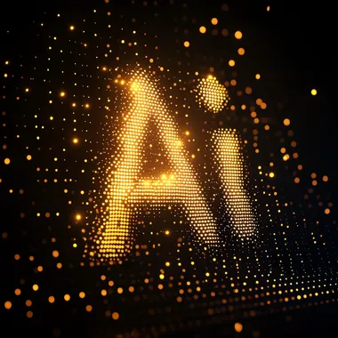 frontal 3d render of an "Ai" symbol, made from light dots, looks like an icon, yellow letters on a black background