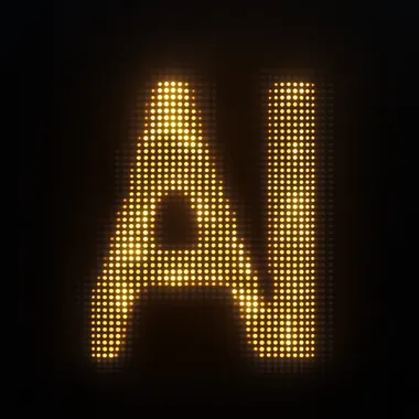 frontal 3d render of an "Ai" symbol, made from light dots, looks like an icon, yellow letters on a black background