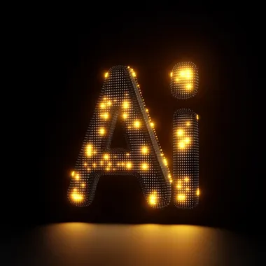 frontal 3d render of an "Ai" symbol, made from light dots, looks like an icon, yellow letters on a black background