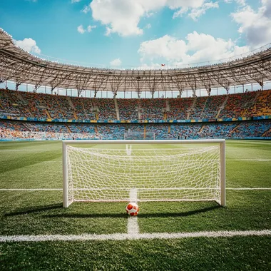 a goal on a world cup field, center in frame, day time --s 250