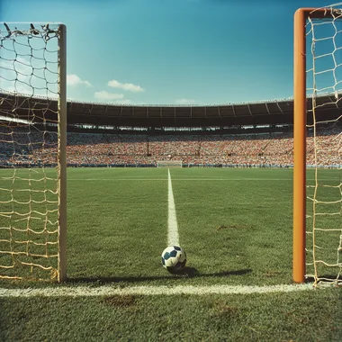 a goal on a world cup field, center in frame, day time --s 250