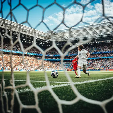 a goal on a world cup field, center in frame, day time --s 250