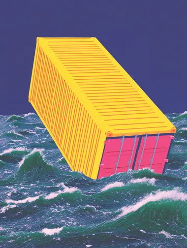 a single isolated cargo container starting to sink in a stormy ocean, dramatic waves crashing, dark cloudy sky, high wind, dynamic composition, turbulent sea,     rofile pj5smt6 p2bny8q pidvpjq