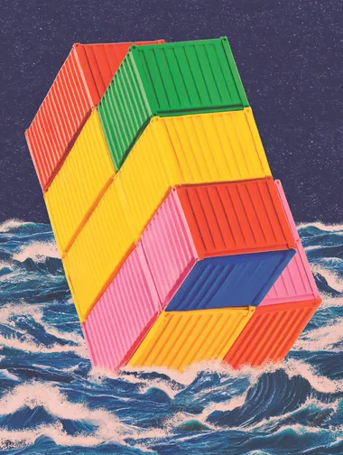 a single isolated cargo container starting to sink in a stormy ocean, dramatic waves crashing, dark cloudy sky, high wind, dynamic composition, turbulent sea,     rofile pj5smt6 p2bny8q pidvpjq