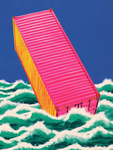 a single isolated cargo container starting to sink in a stormy ocean, dramatic waves crashing, dark cloudy sky, high wind, dynamic composition, turbulent sea,     rofile pj5smt6 p2bny8q pidvpjq