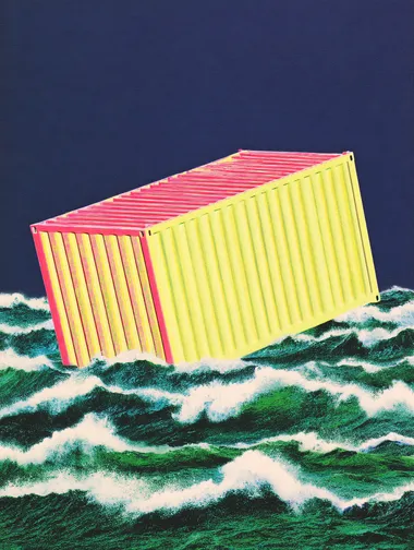 a single isolated cargo container starting to sink in a stormy ocean, dramatic waves crashing, dark cloudy sky, high wind, dynamic composition, turbulent sea,     rofile pj5smt6 p2bny8q pidvpjq