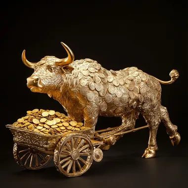 A sculpture design of a golden ox pulling a cart full of gold coins while walking
