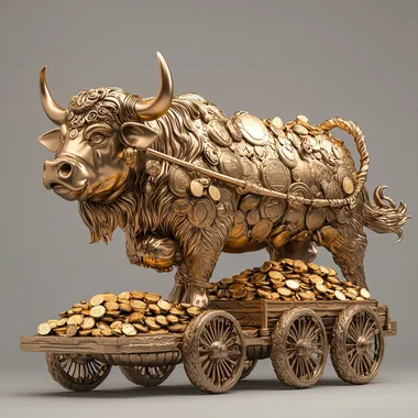 A sculpture design of a golden ox pulling a cart full of gold coins while walking