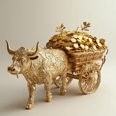 A sculpture design of a golden ox pulling a cart full of gold coins while walking