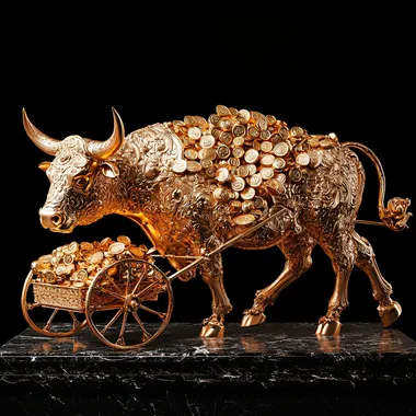 A sculpture design of a golden ox pulling a cart full of gold coins while walking
